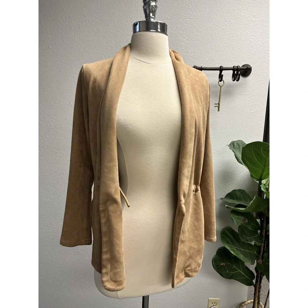 Blank NYC Camel Vegan Suede Open Front Jacket Size M Cinched Waist Lightweight‎ - Picture 7 of 10